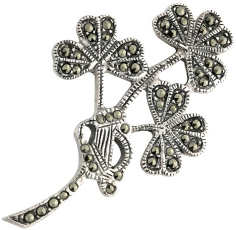 Brooch - Silver Marcasite Shamrock & Harp