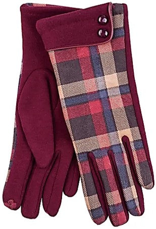 Gloves - Ladies Button Cuff Check - Oxblood