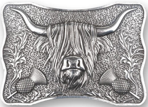 Kilt Buckle - Highland Cow, in Polished Pewter