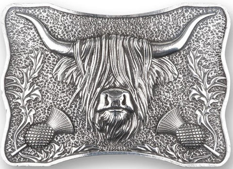 Kilt Buckle - Highland Cow, in Polished Pewter